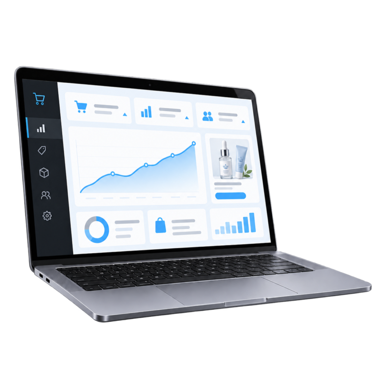 Freigestellter Laptop mit E-Commerce-Dashboard und Kosmetikprodukt